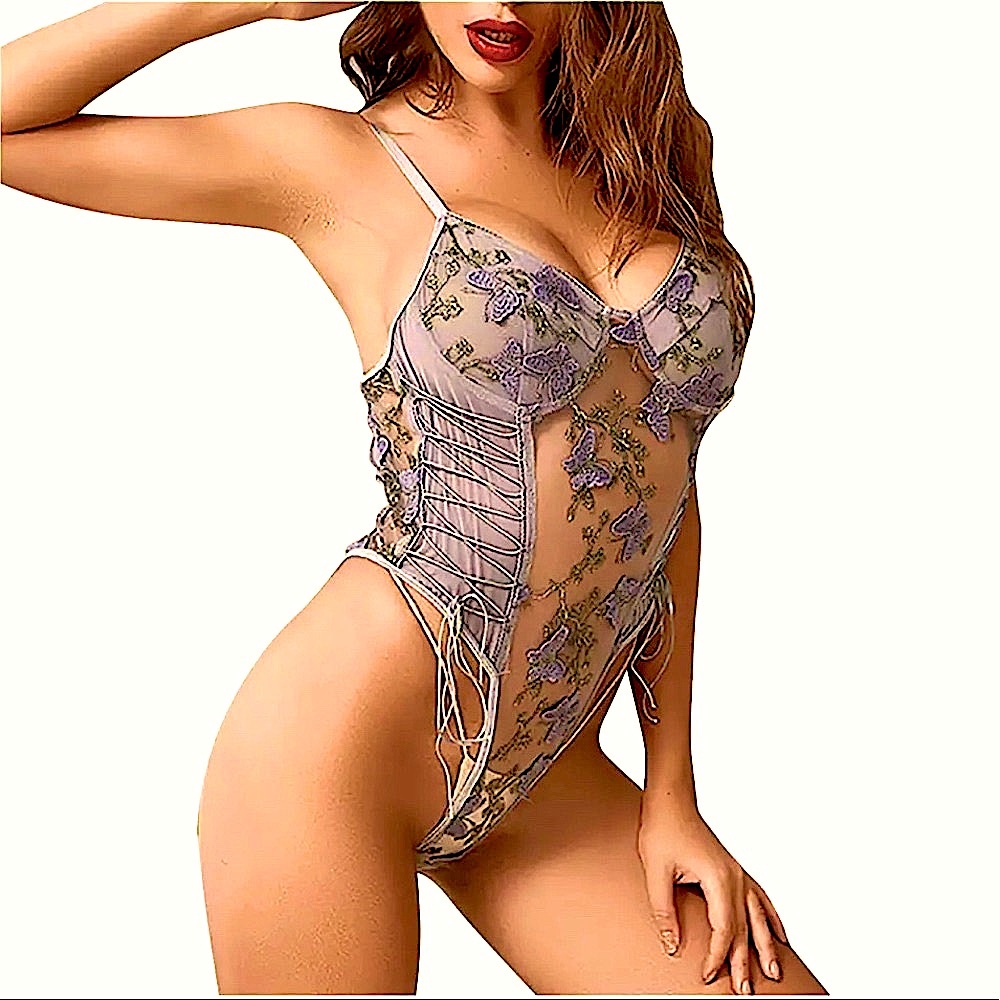 NWT grey periwinkle blue mesh butterfly embroidered corset style sheer bodysuits